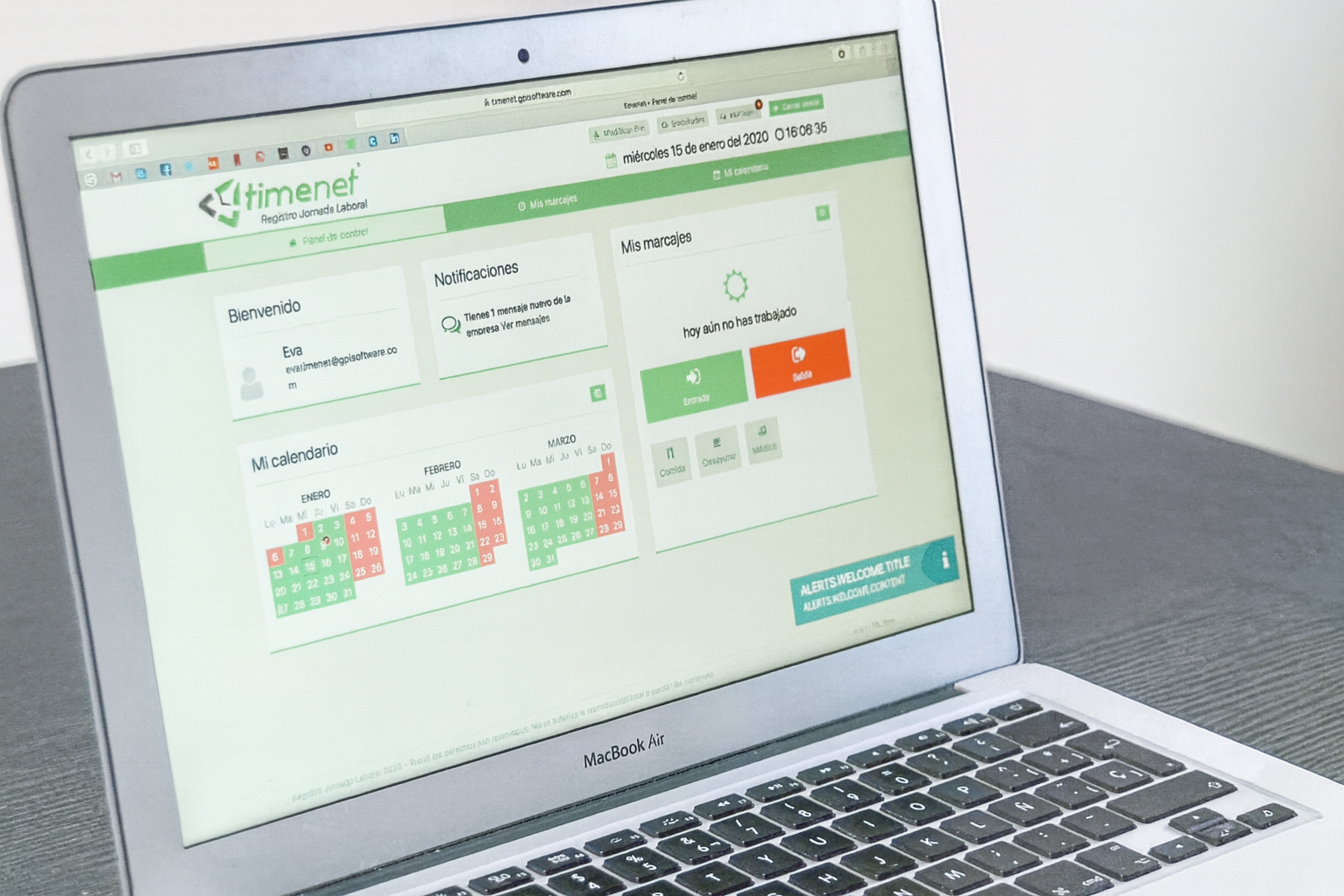 Portal personal d'usuari de Timenet amb històric de fitxatges i hores treballades